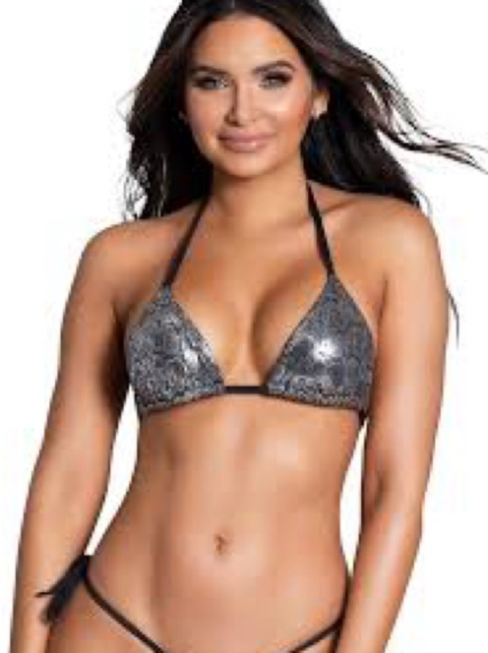 Yandy Metallic Snake Print Triangle Bikini - Black/Silver